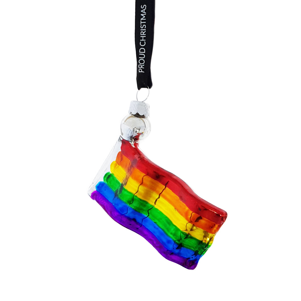 Hand-painted rainbow flag ornament in mouth-blown glass by Proud Christmas.